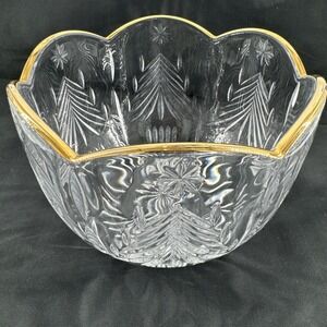 Crystal Bowl MIKASA Cut Glass Christmas Tree Gold Trimmed 7.75" Diameter Vintage